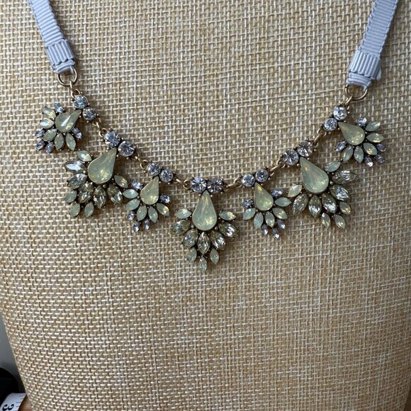 Statement Necklace With Rhinestone & Pale Yellow Gem Accents On Silver Ribbon - Picture 4 of 10